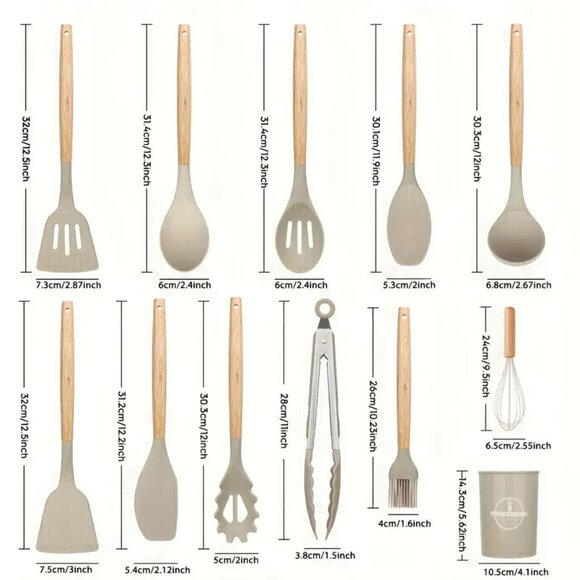 12pcs Non-Stick Silicone Kitchenware Utensil Set with Ergonomic Wooden Handle - Picture 11 of 11